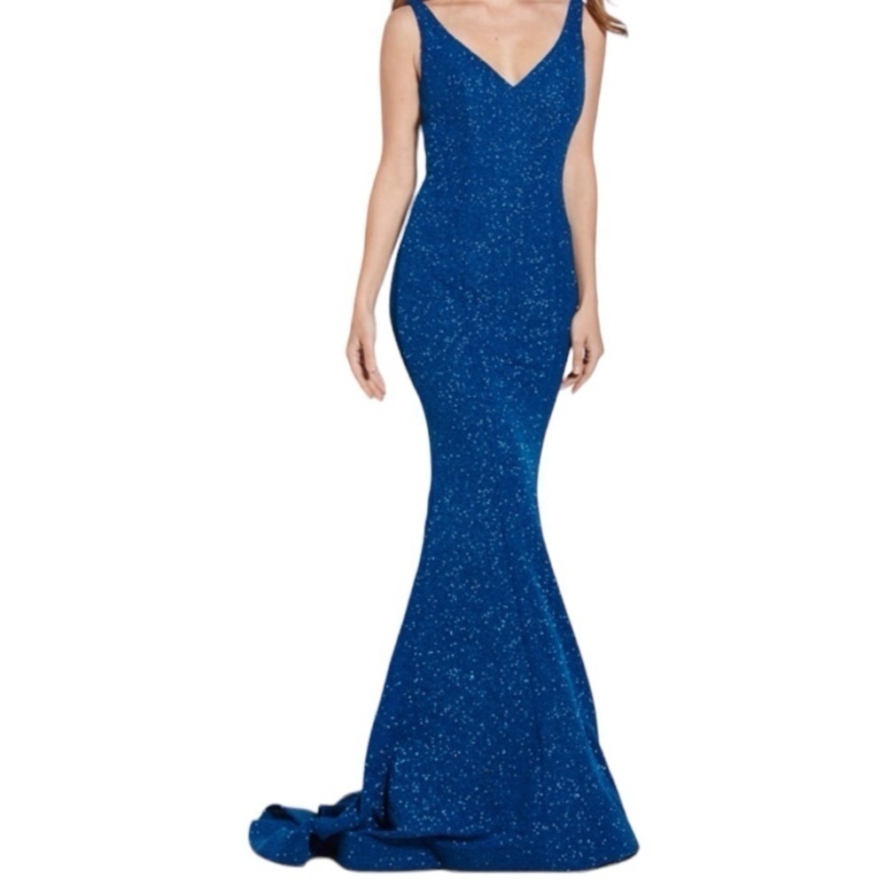 JOVANI Aqua Blue V Neck Sleeveless Shimmer Glitter Mermaid Dress. Size 20
